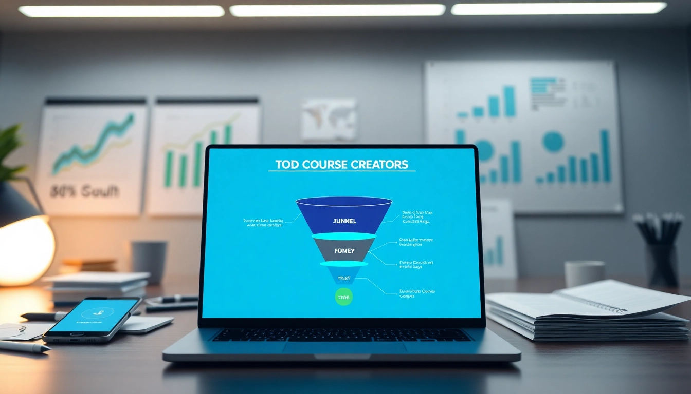 Illustration of funnels for course creators visualizing strategies in a modern workspace.