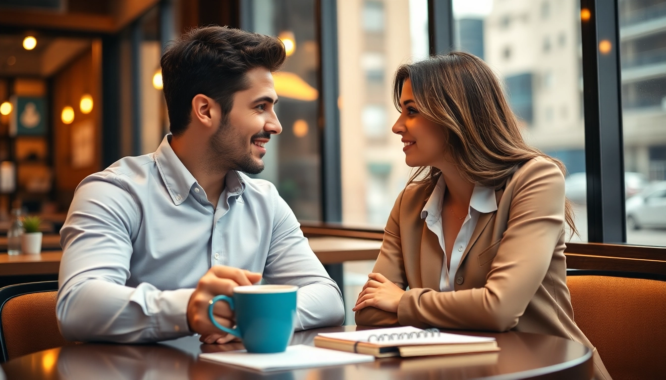 Couple communicating effectively in relationships at a coffee shop, showcasing connection and warmth.