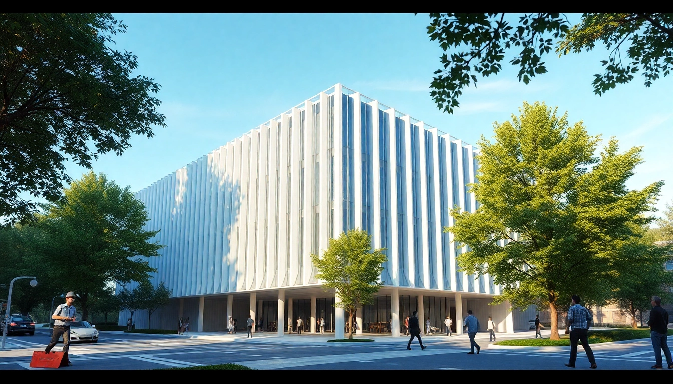 3d visualisierung eines modernen architektonischen Projekts mit fotorealistischen Details und urbaner Umgebung.