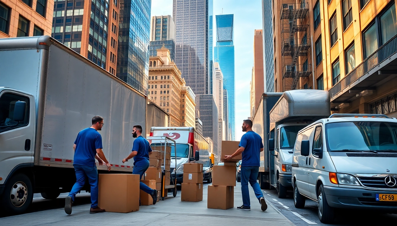 Movers from moving company nyc arranging furniture in a busy New York City setting.