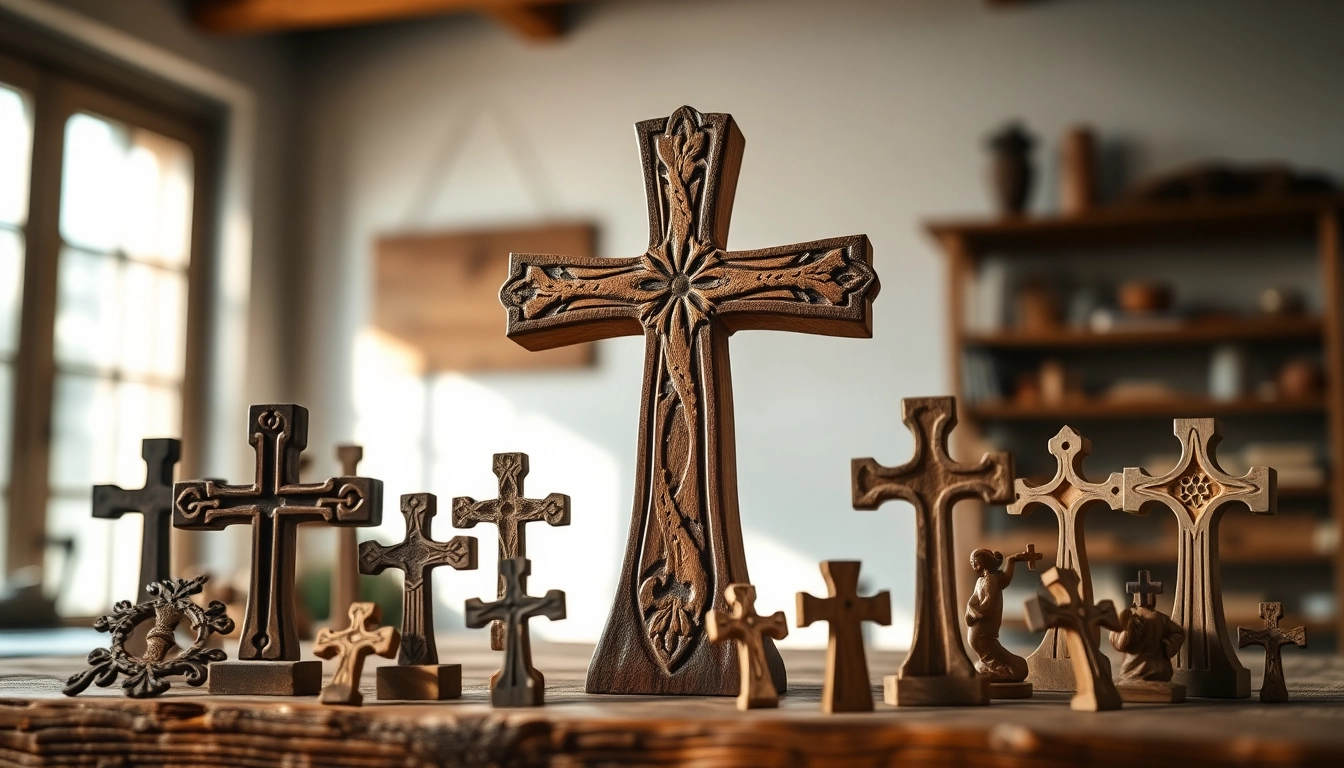 Handmade crosses crafted from olive wood with intricate details displayed on rustic table.