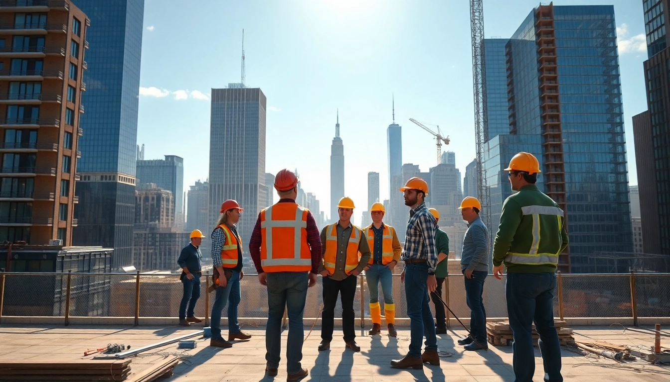 New York City General Contractor managing a diverse construction team in an urban setting.