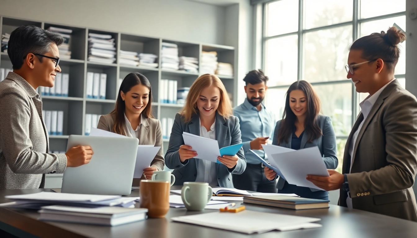 Streamlined QSM document clearing services process in a modern office environment with focused teamwork.