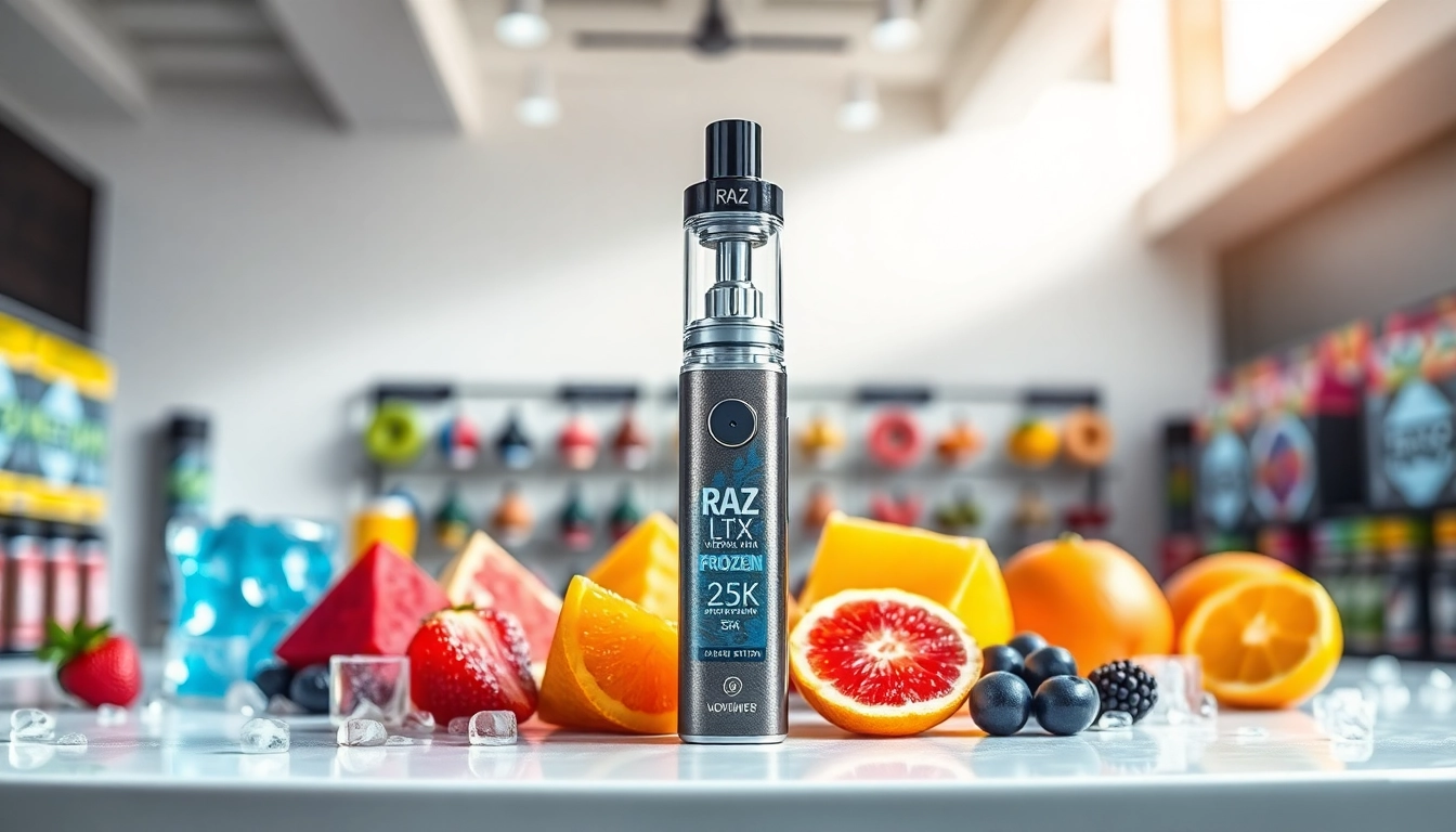 Showcasing the Raz LTX 25K FROZEN Edition disposable vape with vibrant flavors in a modern display.