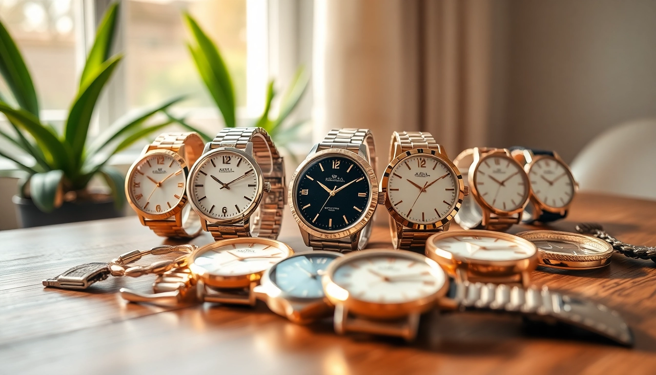 Damen Armbanduhren in verschiedenen eleganten Designs auf einem Holz Tisch präsentiert.