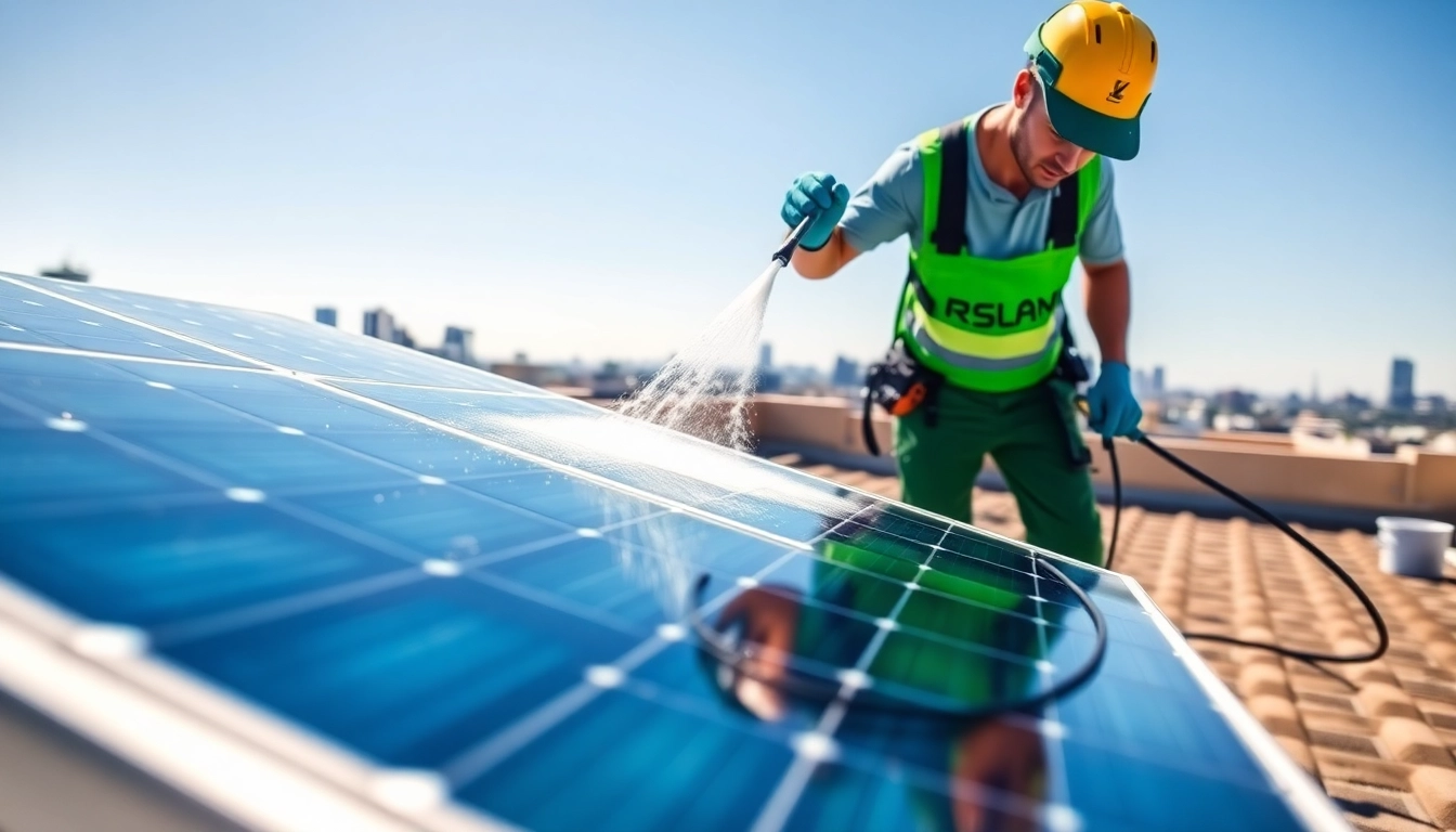 Professional solar panel cleaners Phoenix efficiently cleaning solar panels on a rooftop in clear, bright weather.