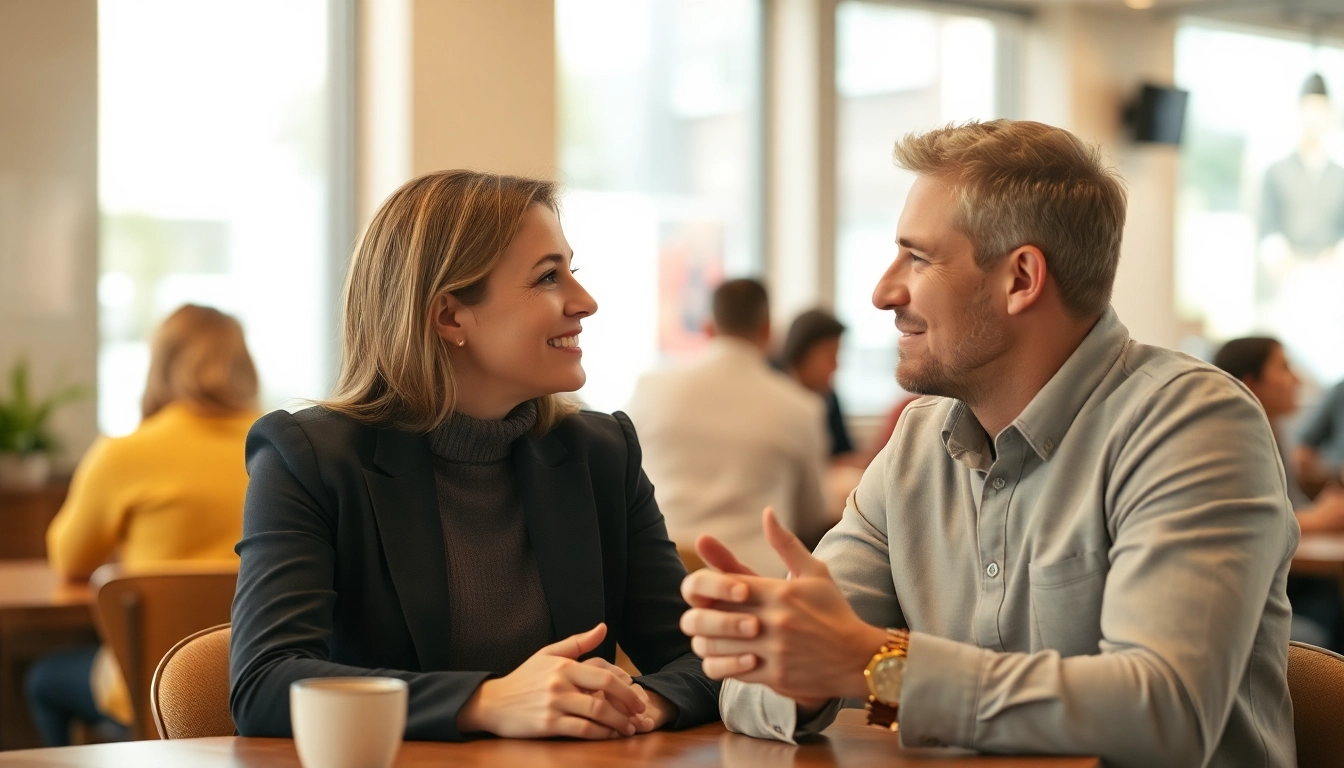 Couple demonstrating effective communication in relationships at a cozy café.