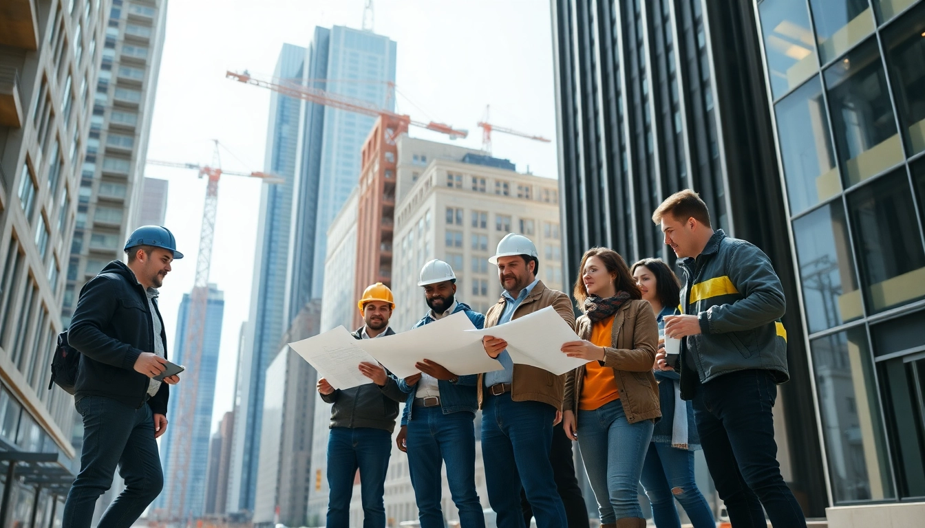 Showcase a vibrant construction team led by a New York Commercial General Contractor on an urban site.