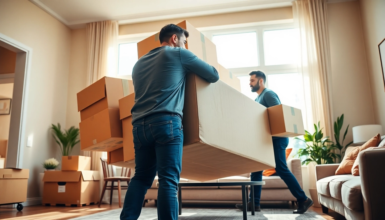 Movers Calgary demonstrating teamwork while lifting furniture in a bright and lively home environment.