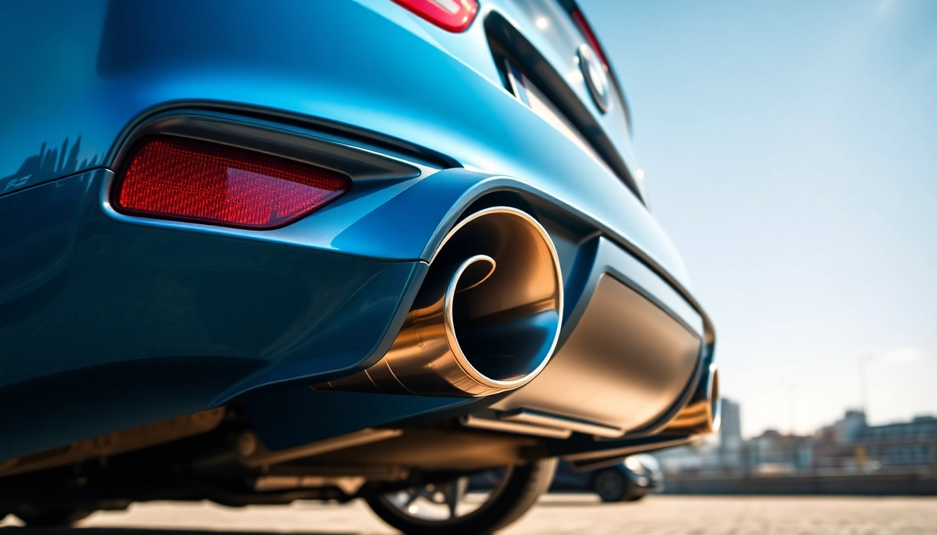 View of BMW F80 downpipes showcasing their design and sleek finish in an urban environment.