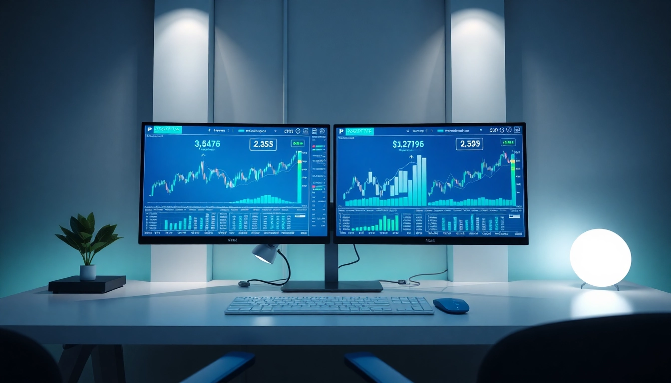 Engaging digital investment workspace showcasing growth with financial charts and serene atmosphere.