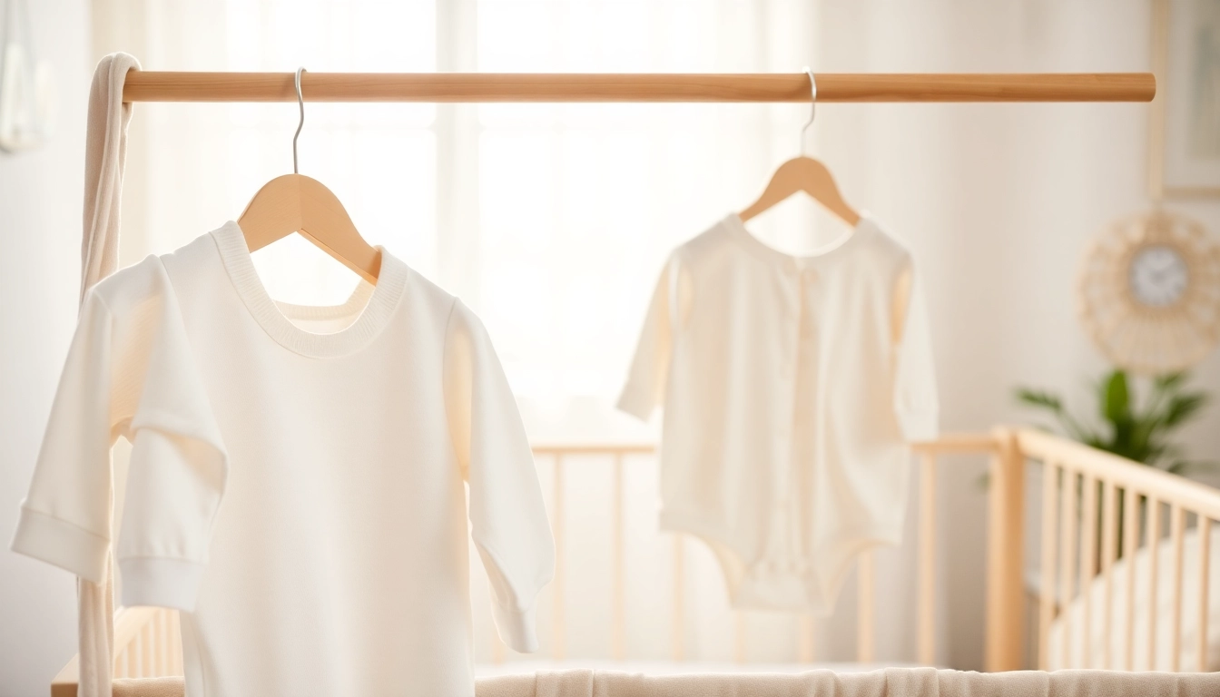 Showcase newborn bamboo clothes in a serene nursery setting with soft fabrics and gentle colors.