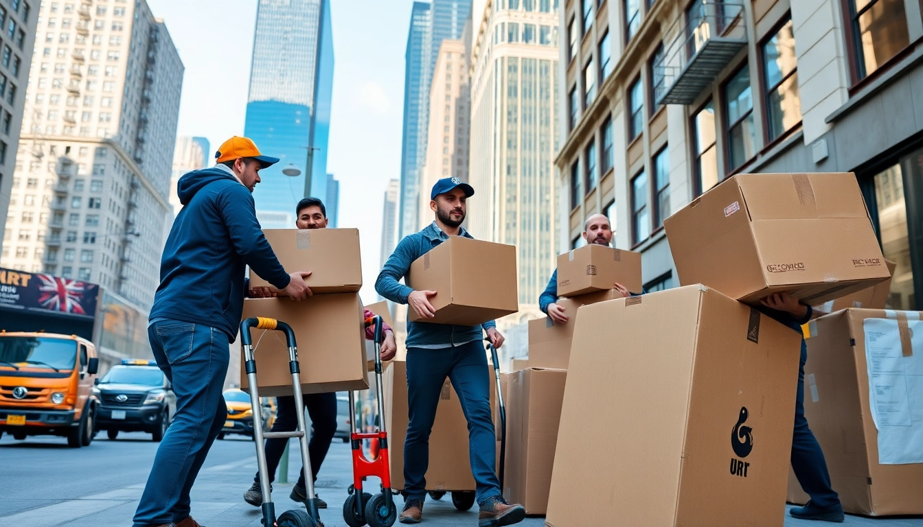 Experienced movers nyc efficiently handling boxes and furniture on a busy city street.