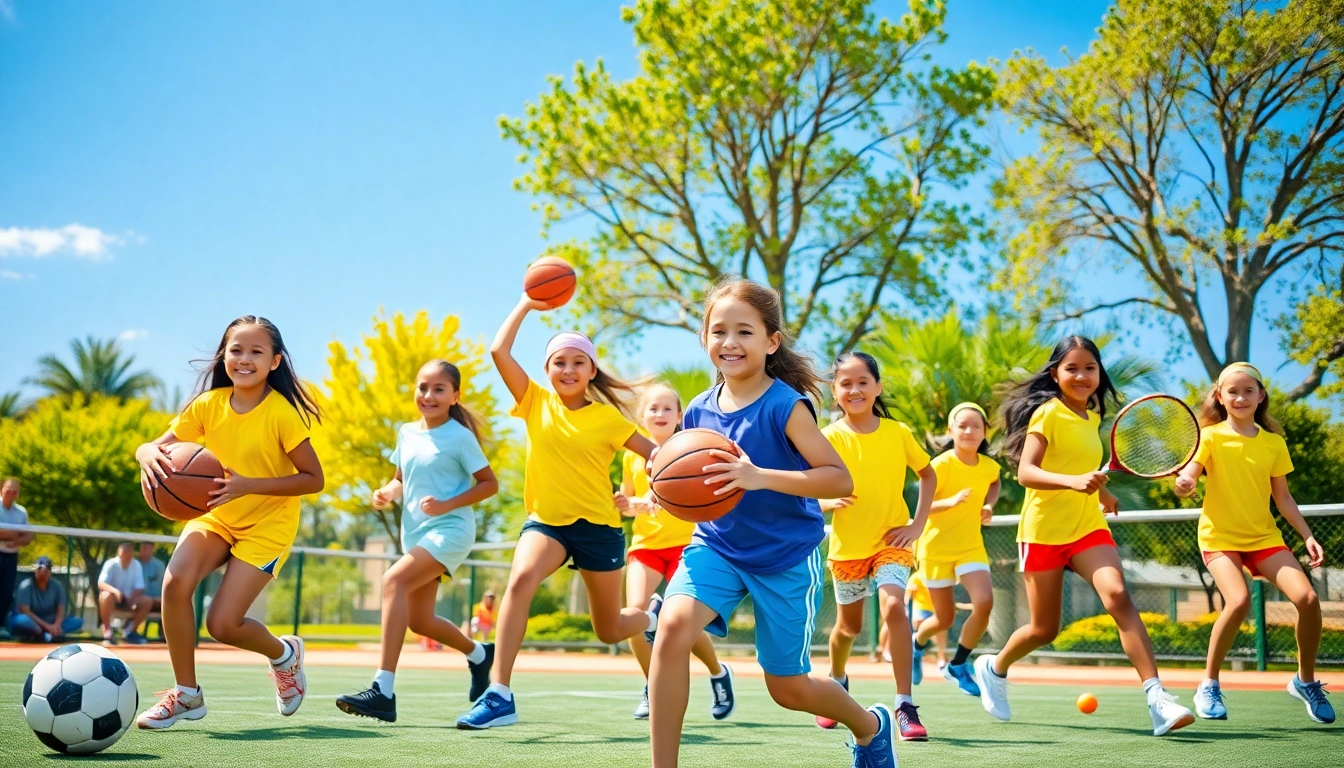 Girls enjoying Multi Sports Camps for Girls, participating in diverse sports activities in a sunny park.