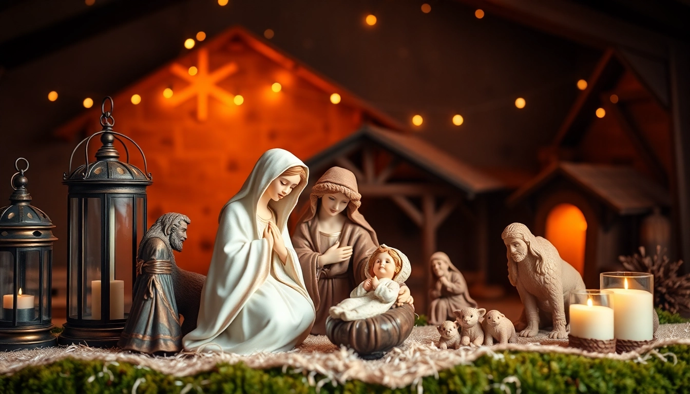 Celebrate Christmas with a stunning display of Nativity sets featuring Mary, Joseph, and Baby Jesus.