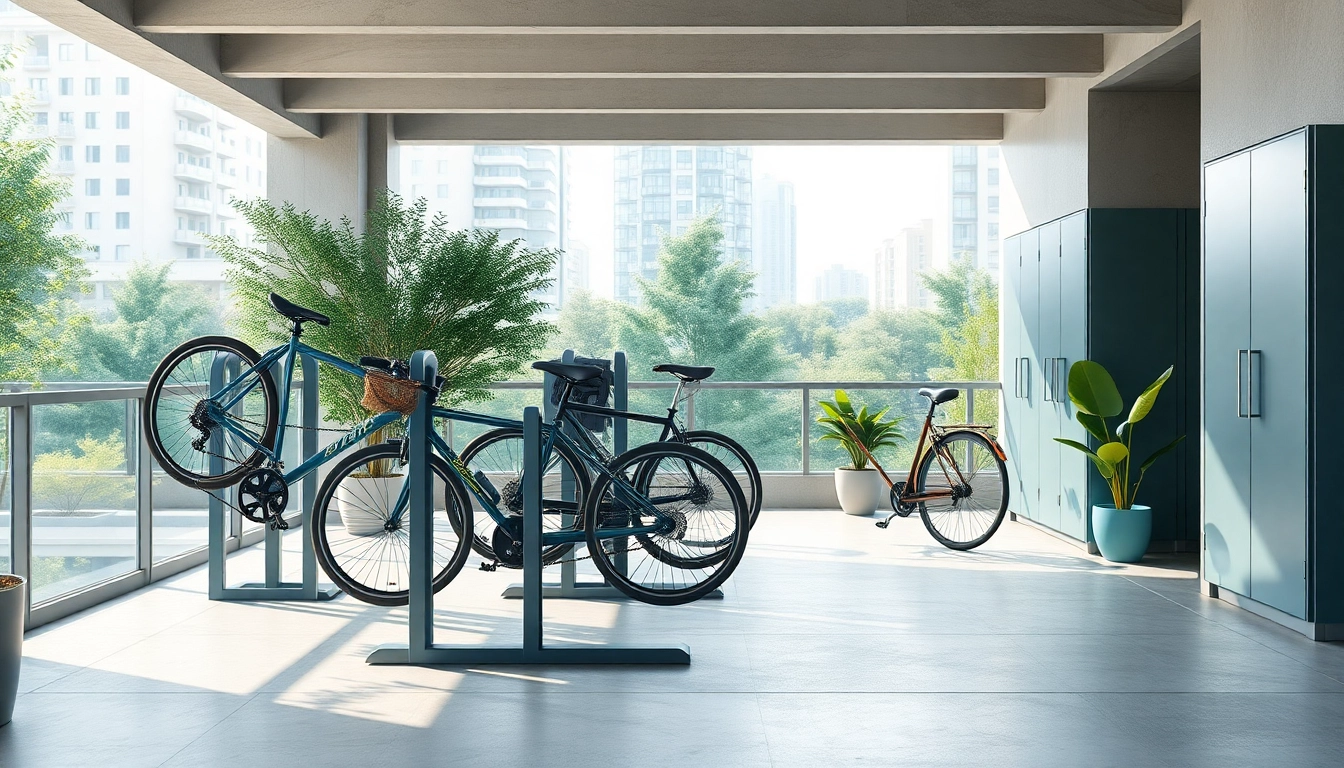 Urban bike storage solutions featuring stylish bike racks and lockers in an apartment.
